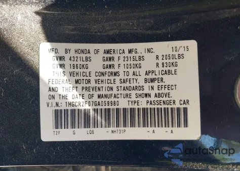 2016 Honda Accord Ex from USA, damaged, VIN 1HGCR2F07GA059980